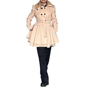 Elegant Beige Trench Coat with Faux Fur Collar